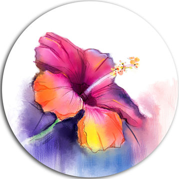 Red Yellow Hibiscus Flower In Blue, Flower Round Metal Wall Art, 11"