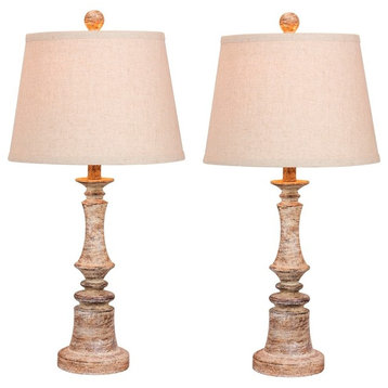26.5" Distressed Candlestick Resin Table Lamp, Set Of 2, Cottage Antique Beige