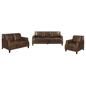 Coaster 3-Piece Farmhouse Upholstered Recessed Arms Leather Sofa Set in Brown