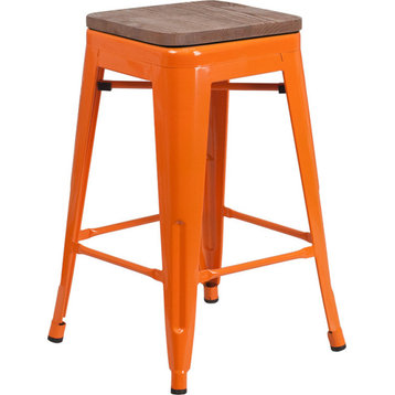 24"High Backless Orange Metal Counter Height Stool with Square Wood Seat