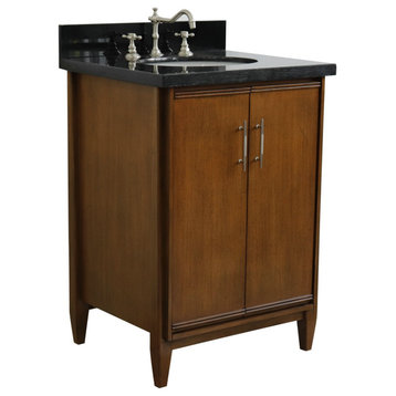 25" Single Sink Vanity, Walnut Finish With Black Galaxy Granite and Oval Sink