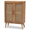 Baxton Studio Mid-Century Brown Oak Finished Wood and Rattan Storage Cabinet