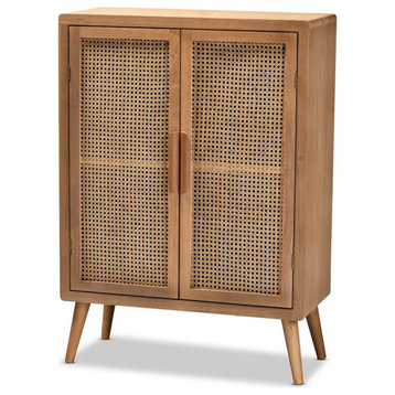 Baxton Studio Mid-Century Brown Oak Finished Wood and Rattan Storage Cabinet