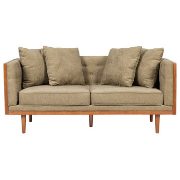 Cayuga Mid Century Modern Fabric Tufted Loveseat With Accent Pillows, Dark Beige
