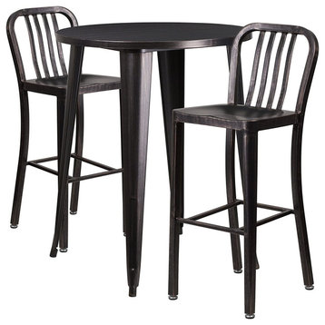 3 Pieces Patio Bistro Set, Table & Stools With Slatted Back, Black Antique Gold
