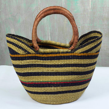 Novica Handmade Striped Sunday Leather-Accented Raffia Basket