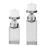 Uttermost - Uttermost Lucian 5 x 15" Nickel Candleholder Set of 2 - Set Of Two Candleholders Featuring An Open Steel Frame Finished In Polished Nickel With Crystal Accents. Two 4"x 3" Distressed White Candles Included.Sizes: Sm-5x12x5 Lg-5x15x5