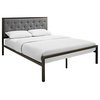 Mia Queen Tufted Upholstered Fabric and Steel Bed, Brown Gray
