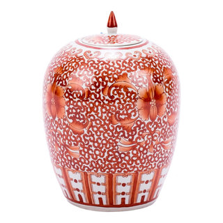 Coral Pink Orange Off White Flowers Fishes Graphic Round Ceramic Jar ws1142S Coral Pink Orange Off White Flowers Fishes Graphic Round Ceramic Jar ws1142S