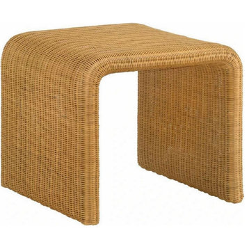 22 Inch Side End Table Woven Rattan Frame Waterfall Edges Square Surface