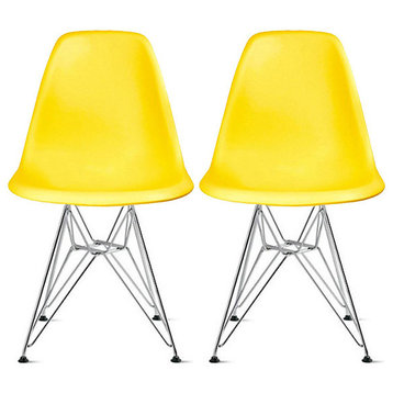 Plastic Dining Chair With Chrome Eiffel Wire Legs, Set of 2, Yellow