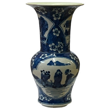Vintage Chinese Blue White Porcelain Scenery Wide Mouth Vase Hws2512