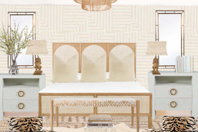 Modelo de dormitorio principal de tamaño medio sin chimenea con suelo de madera clara, suelo marrón y papel pintado