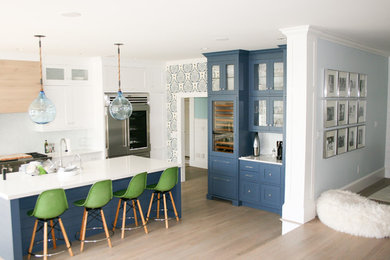 Inspiration for a mid-sized eclectic galley dark wood floor and brown floor eat-in kitchen remodel with a double-bowl sink, recessed-panel cabinets, white cabinets, granite countertops, blue backsplash, ceramic backsplash, stainless steel appliances and an island