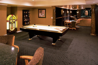 Home theater - huge traditional open concept carpeted and brown floor home theater idea in Atlanta with brown walls and a projector screen