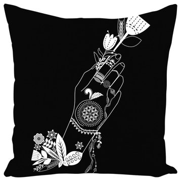 Bohemian Flower Girl Throw Pillow, Black, 20x20, With Insert