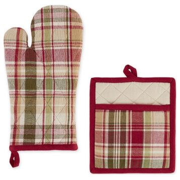 Multi-Color Give Thanks Cotton Plaid Oven Mitt and Potholder Set 7x13 and 8x9