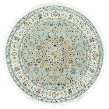Blue Hand Knotted Nain Denser Weave 250 KPSI All Wool Round Rug 7'x7'
