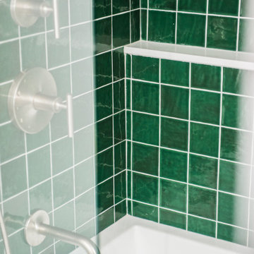 Vibrant Green Ceramic Tiles Bring Life to a Hallway Bathroom