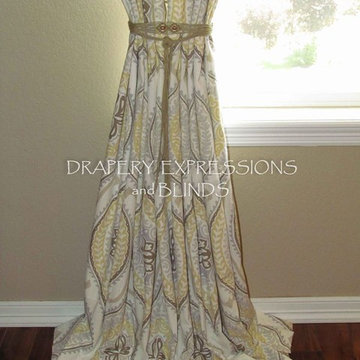 Custom Drapery Panels with macrame tie-back