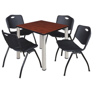 Kee 30" Square Breakroom Table- Cherry/ Chrome & 4 'M' Stack Chairs- Black