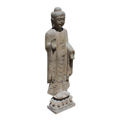Chinese Gray Stone Carved Standing Abhaya Mudra Buddha Statue - Garden Statues And Yard Art