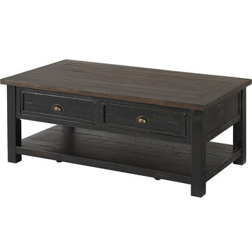 Rustic Coffee Table, Plank Top With Drawers & Lower Shelf, Black/Brown