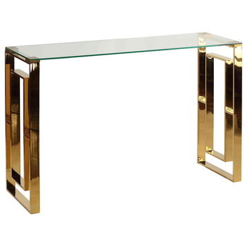 Contemporary Console Table, Geometric Golden Legs With Clear Tempered Glass Top