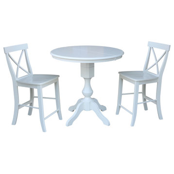 36" Round Extension Dining Table 36"H With 2 X-Back Counter Height Stools