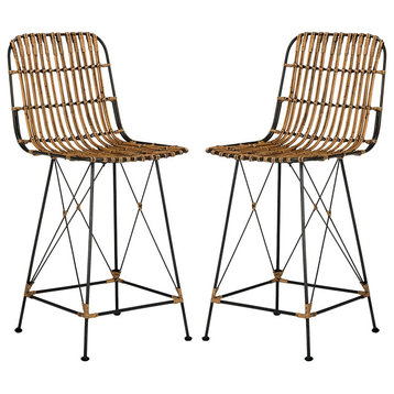 Unique Counter Stool, Metal Construction With X-Accents and Rattan Seat, Natural