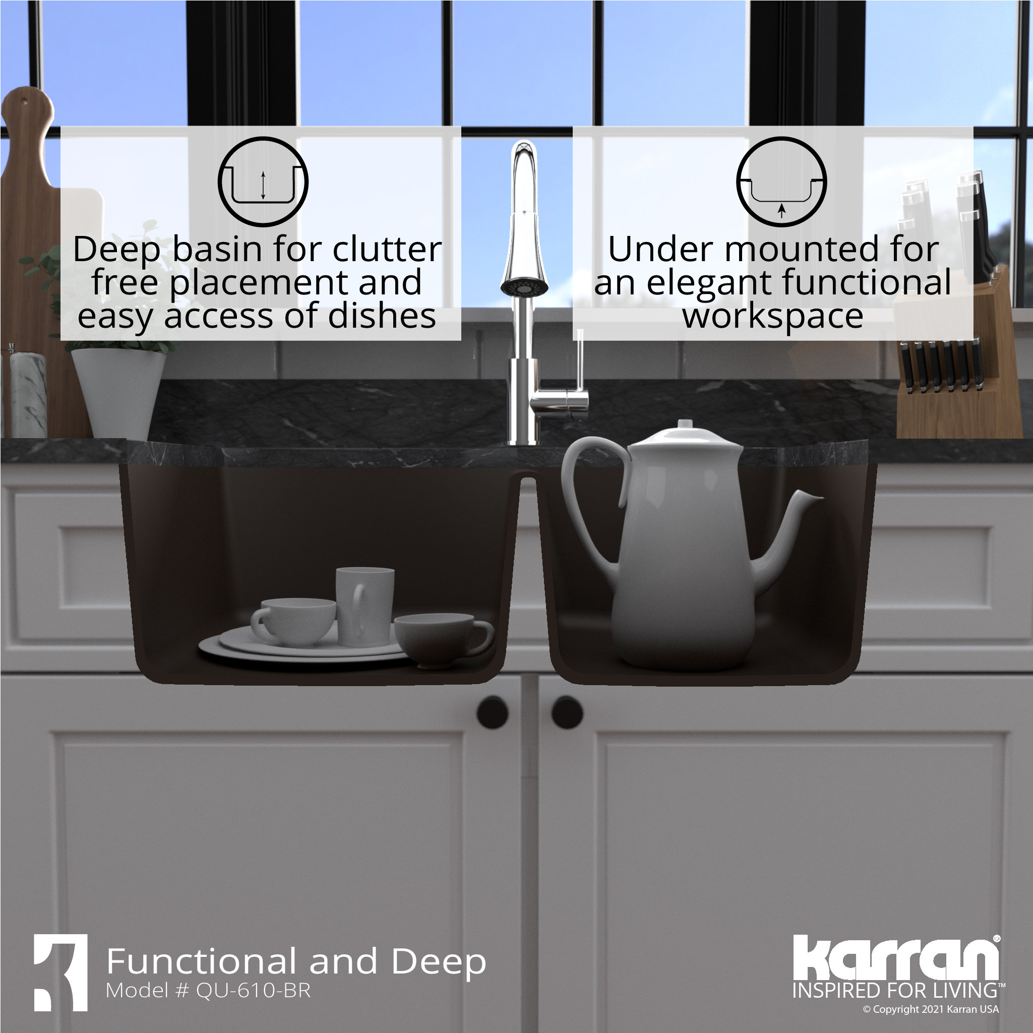 Karran Undermount Quartz 32" 60/40 Double Bowl Kitchen Sink, Brown