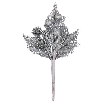 Mini Glitter Leaf and Cone Pick, Silver, 7"
