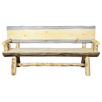 Montana Half Log Bench With Back And Arms In Exterior Stain Finish MWHLBWB6EXT