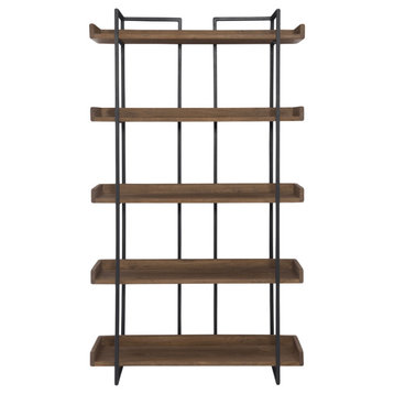 75" Light Brown Solid Wood and Metal Five Tier Industrial Bookcase