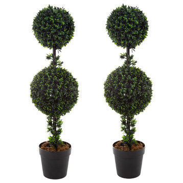 2 Topiary Trees 36" Double Ball Podocarpus Realistic Indoor/Outdoor Potted Plant