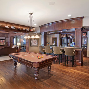 Design ideas for a traditional look-out basement in Minneapolis with brown walls, dark hardwood flooring, a corner fireplace, a stone fireplace surround and brown floors.