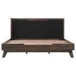 Armen Living - Astoria Platform Bed Frame in Oak with Black Faux Leather - Crafted from solid oak wood and sporting a beautiful faux leather upholstered headboard, the Astoria platform bed frame from Armen Living is the best choice to modernize your home instantly. It comes complete with a platform base to provide optimal support for your latex, spring, or memory foam mattress without a box spring for a low-profile look. This upholstered king bed frame with headboard features a solid oak boarder around soft and easy to clean black faux leather, creating a chic color and texture contrast. It has a gorgeous gray wash that allows the wood&rsquo;s natural wood grain color variation to shine through. In addition, the bed frame offers plenty of storage space under it for your convenience. The Astoria&rsquo;s platform design is perched atop thick tapered legs, lending a mid-century modern feel to your space. The brown and black color theme easily blends into your existing d&eacute;cor and adds a flair of modern elegance. The Astoria Solid Oak Platform Bed from Armen Living is available in your choice of king or queen sizes.
