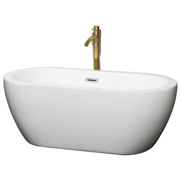 Soho 60" Freestanding White Bathtub, Polished Chrome Trim & Gold Tub Filler