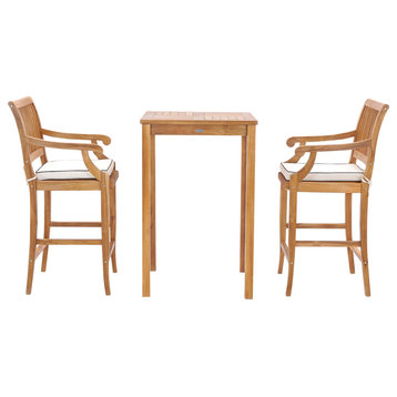 3 Piece Teak Wood Castle Intimate Patio Bistro Bar Set, 2 Barstools with Arms