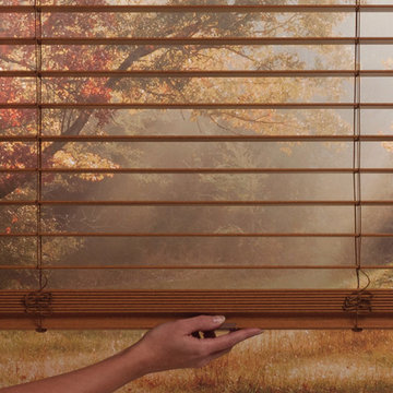 EverWood® alternative wood blinds opened