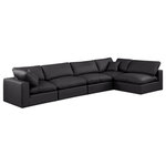 Meridian Furniture - Comfy Upholstered L-Shaped Modular Sectional, Black, 5-Piece: 3 Armless Chair, 2 Corner Chair, Vegan Leather - Give your space a whole new look with this black Comfy vegan leather sectional. This handsome sectional fits nicely with other items in the Comfy collection and is a versatile seating option designed for adaptability, comfort and style. Wrapped in rich black durable vegan leathered upholstery, this sectional offers a plush embrace of overstuffed down feather cushions, carefully crafted to deliver the highest level of comfort. The perfect seat for creating an oasis for relaxation, this sectional has thick foam surrounding its frame for added support and coziness.