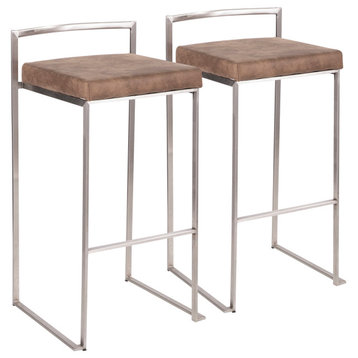 Fuji Stacker Barstool, Set of 2, Stainless Steel/Brown Cowboy Fabric