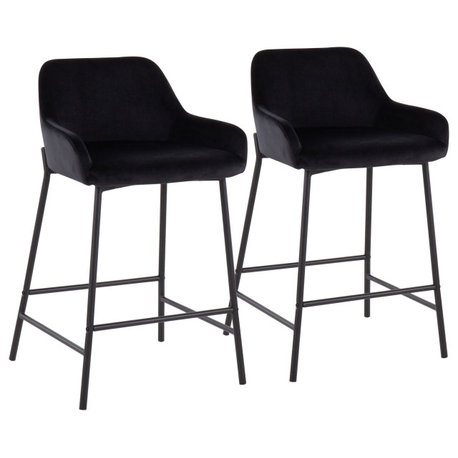 Daniella Fixed-Height Counter Stool, Set of 2, Black Metal, Black Velvet