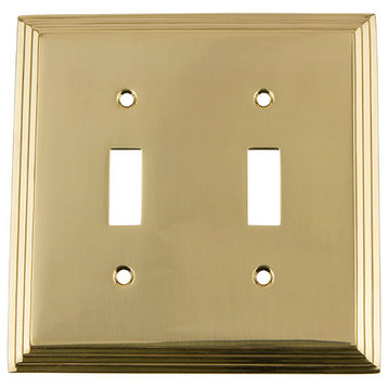 NW Deco Switch Plate With Double Toggle, Unlacquered Brass