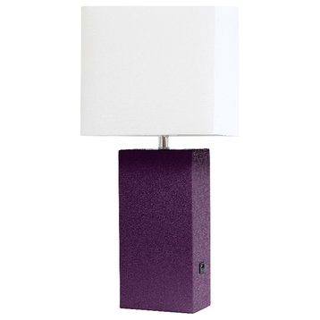 Lalia Home 21in Leather Base Table Lamp with USB Charging Port Eggplant Purple