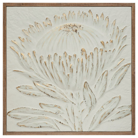 Wood Framed Metal Wall Decor, Embossed, Antique White With Gold Brush Finish