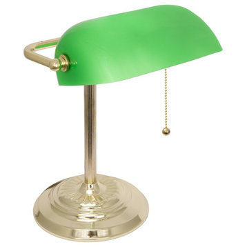 LightAccents Adjustable Metal Bankers Desk Lamp With Glass Shade, Brass