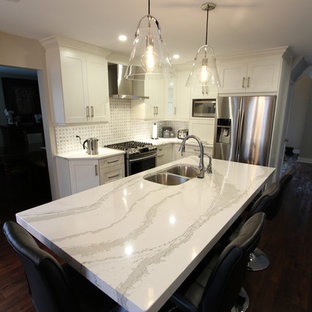 Неиссякаемый источник вдохновения для домашнего уюта: угловая кухня среднего размера в современном стиле с кладовкой, врезной раковиной, фасадами с утопленной филенкой, белыми фасадами, столешницей из кварцевого композита, серым фартуком, фартуком из плитки мозаики, техникой из нержавеющей стали, темным паркетным полом, островом и красным полом