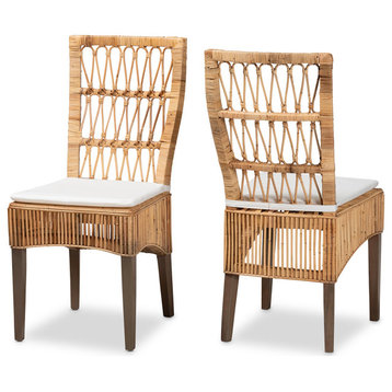 Set of 2 Modern Bohemian Dining Chair, Rattan Covered Frame & Padded Seat, Brown