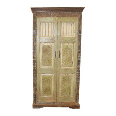 Conscious Antique Armoire Green Armoire Chakra Carving Solid Wooden Storage